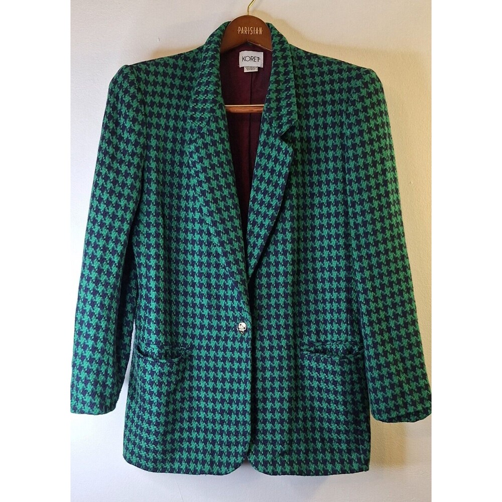 Vtg KORET Navy/Green Houndstooth Blazer Jacket Women's Sz 12 Wool Blend Mob Wife